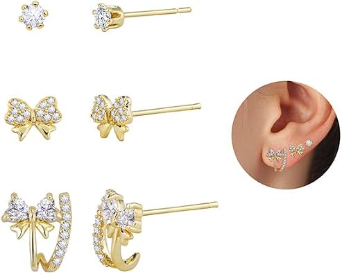 Gold Stud Earrings for Women 14K Gold Round CZ Butterfly Star Bow Stud Earrings for Women Trendy Square Cubic Zirconia Earring Studs Set - Hypoallergenic Small Teardrop Earrings Studs Bow Earrings