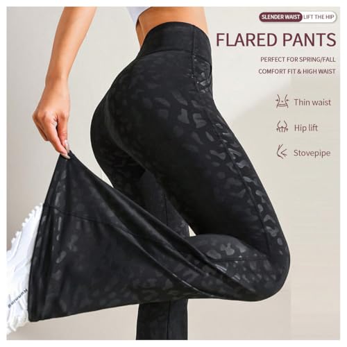 WDIRARA Women's Leopard Print Flare Yoga Pants Athletic Workout Elastic Waist Bell Bottoms Pants with Pocket3