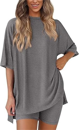Frunqui Two Piece Set, 2025 Summer Casual Oversized Shirts, Round Neck Split Short Sleeves Drop Shoulder Shorts Set (Dark gray,XS)