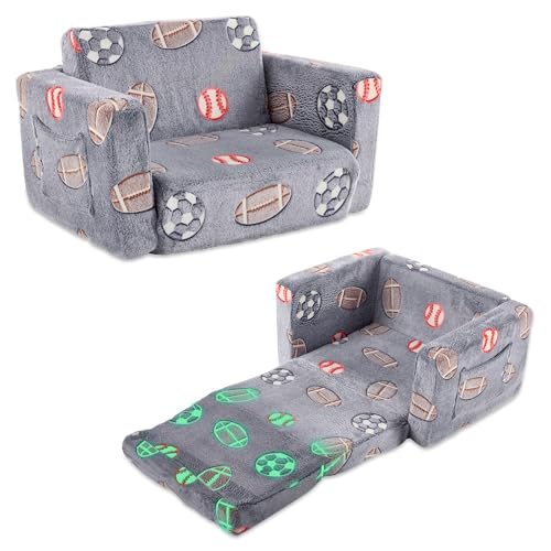 Karl home Comfy 2-in-1 Toddler Chair and Couch, Convertible Plush Fold Out Sofa to Lounger for Kids, Flip Open Sleeper for Playroom, Glowing Blue Ball