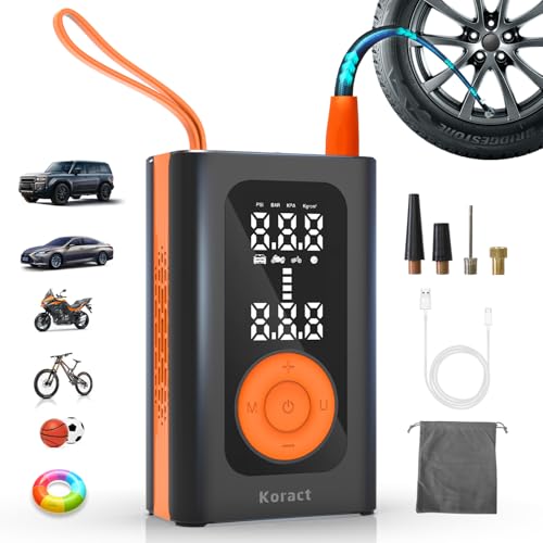 Koract Tire Inflator Portable Air Compressor for Car Tires - 150PSI Cordless Air Pump with Pressure Gauge, LED Light & Auto Shutoff - Fast Pump for Motorcycle, Bike, Balls, Sports Equipment