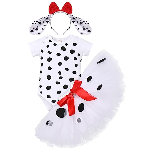 IMEKIS Baby Girl Dalmation Infant Romper Tutu Skirt Dog Ears Headband Spotted Puppy Dalmatian Baby Toddler 1st 2nd Birthday Outfit Photoshoot Cake Smash 6-12 Months