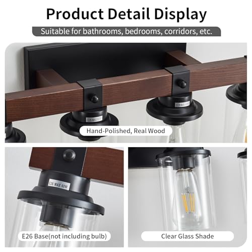 Image of 4 Lights Wood Farmhouse Vanity Lights Fxtures Rustic Bathroom Lights Over Mirror with Clear Glass Shade Black Industrial Wall Sconce for Bathroom Bedroom Hallway Kitchen