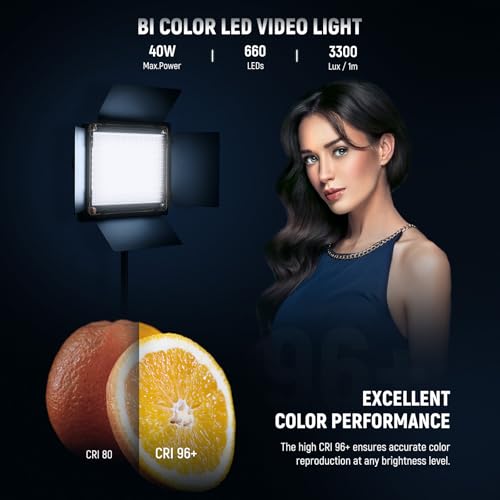 NEEWER 2 Pack Bi Color 660 LED Video Light Kit with Two 79" Tripod Stand, 3200K-5600K CRI 96+ Dimmable Panel Lighting with U Bracket and Barndoor for Studio Photography Recording Streaming, Black