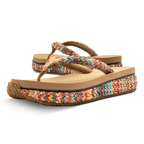 VOLATILE Women's Palau Woven Thong Platform Sandal – Raffia Upper, Ultra-Comfort EVA Insole & Rubber Traction Outsole, Bright Multi, 7