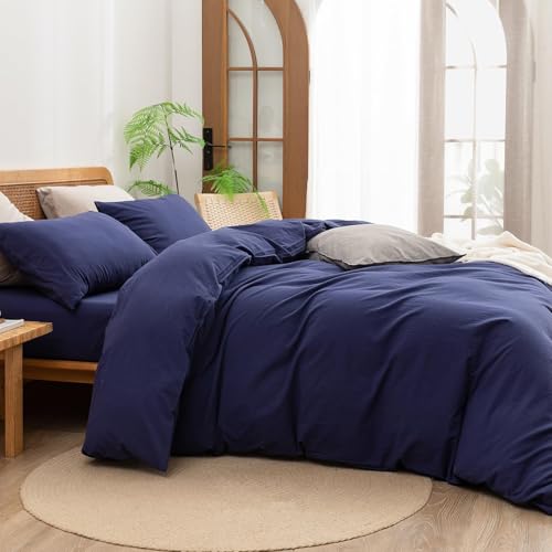 Image of BESTOUCH Cotton Solid Duvet Cover Set Linen Feel Navy Blue Super King Plus | 100% Washed Cotton, Soft Wrinkle Texture, Hidden Zipper, 8 Ties, Breathable Lightweight Durable Comfy, 3 Pcs No Insert