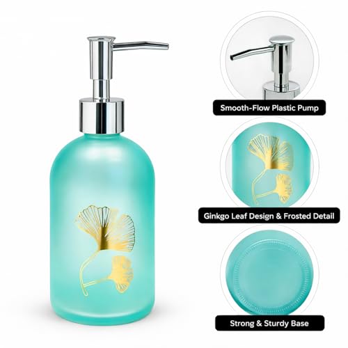 Image of Luxe Home International Flower Print Glass Soap Dispenser for Bathroom and Kitchen Sink Leak Proof Liquid Hand Wash Round Bottle Lightweight Smooth Finish (19.5x7.5 cm Sky) Pack of 1