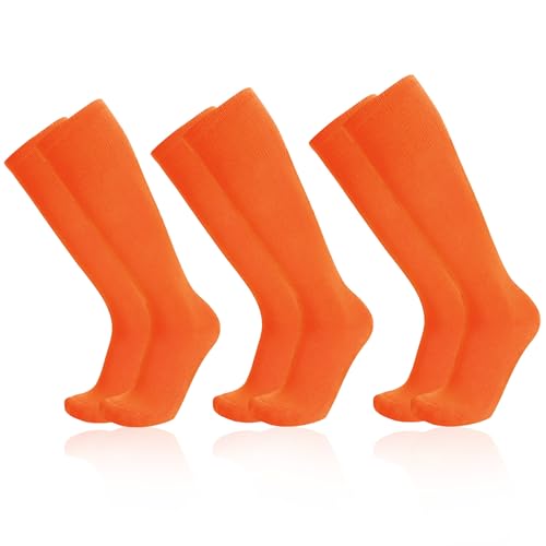 YA BELT 3 Pairs Youth Orange Baseball Socks for Boys Girls Knee High Soccer Softball Sock for Men Women (Medium)