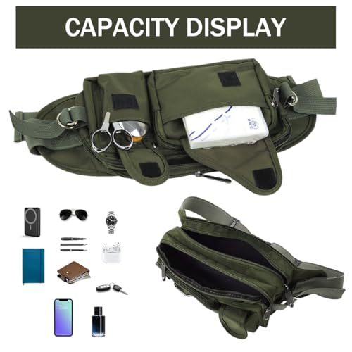 Image of GUSTAVE Tactical Waist Bag with Multi Pocket Storage, Water Resistant Oxford Fanny Pack with Adjustable Belt & D Ring for Hiking, Fishing, Cycling, Work, and Outdoor EDC Army Green
