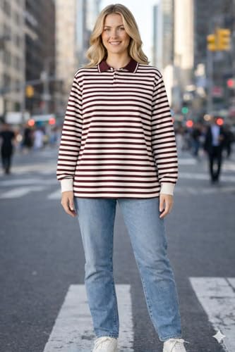 Image of Mack Jonney Women's Striped Polo T-Shirt | Full Sleeves | Collared Casual Cotton Tee | Regular Fit Top-M7372