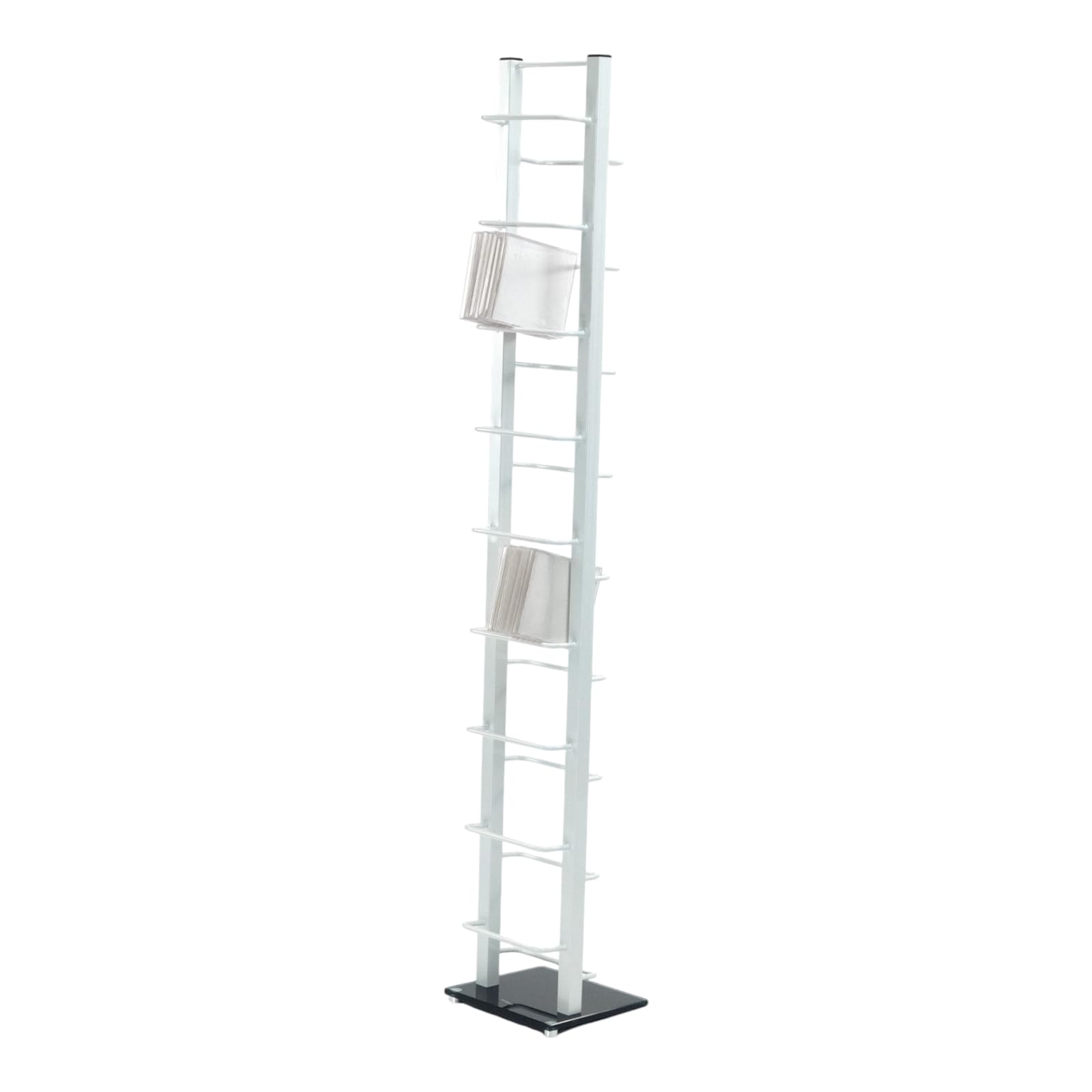 Design CD Regal Tower | 138x20 cm (HxB), Metall mit Glasfuß | stilvolle CD Aufbewahrung, Retro CD Rack für ca 126 CDs, CD Ständer | Farbe: weiß