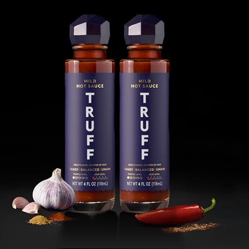 Image of TRUFF Mild Hot Sauce 2-Pack, Gourmet Sauce with Black Truffle, Anaheim Peppers, Black Truffle Oil, Unique Flavor Experience, 4 oz Bottle.