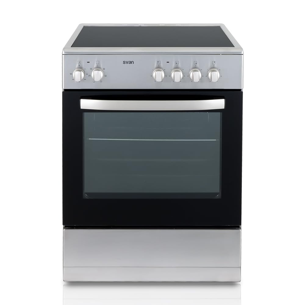 Svan Cocina Eléctrica con Horno Eléctrico 56L, 4 Zonas de Cocinado, Horno con Grill, 6 Programas de cocción, Inox SKV4600X. Acabado en Cristal negro, Eficiencia Energética Clase A
