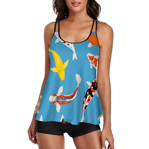 Bikini avec short de garçon et robe tankini poisson rouge
