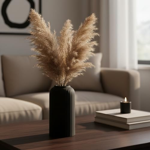 Image of KREATIVE ART'S Modern Ribbed Design Ceramic Flower Vase for Living Room, Flower Pots for Artificial Flower, Home Decoration Item, Home Decor, Vases for Living Room (Black, Small)