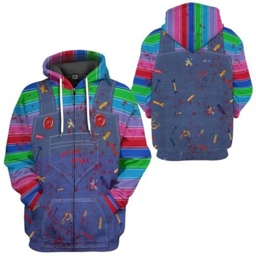 Yazkimo Unisex Adult Chucky Cosplay Hooded Sweatshirt 3D Printed Zipper Jacket Coat Hoodies Halloween Horror Costume (US Alpha Small Regular Regular Zipper 2)