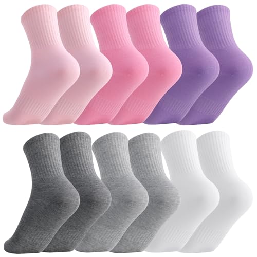 Utensilsto 6 Paar Socken Kinder 33-36 Sportsocken Tennissocken Baumwolle Kindersocken Crew Schulsocken für Jungen Mädchen weiß grau rosa lila