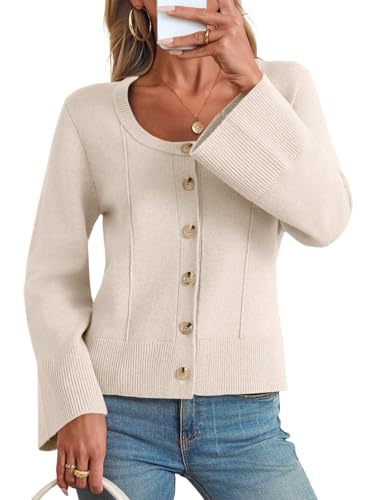 Image of Saodimallsu Womens Bell Sleeve Cardigan Sweaters Button Down Long Sleeve Fall Trendy Sweaters 2025 U Neck Knit Outwear