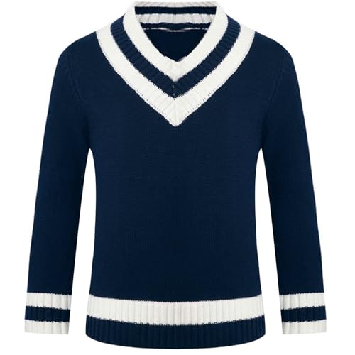 Linjinx Kids Boys Girls School Uniform Sweater V-Neck Long Sleeves Striped Trim Knitted Pullover Casual Solid Color Tops