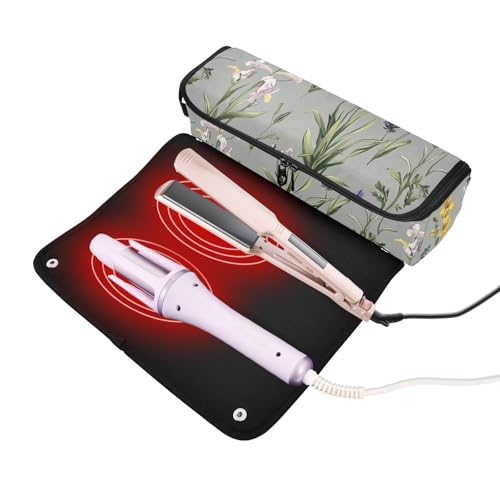 Bolsa de Viaje para Herramientas de Pelo y Tapete Resistente al Calor con Cremallera Impermeable para Planchas, Rizadores y Alisadores, Diseño Flores de Iris Gris miniatura 2