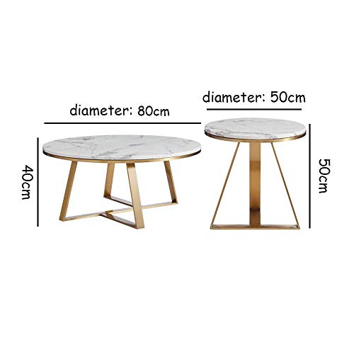 Table basse ronde en marbre blanc de salon avec piétement table d'appoint gigogne dorée - 4