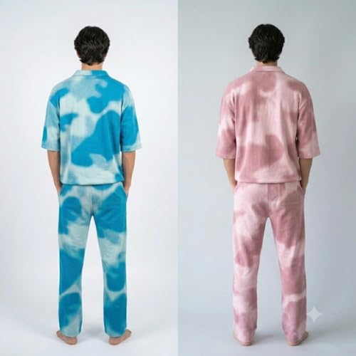 Image of Men's Tie-Dye 2-Piece Set, Short Sleeve Zip Polo Top and Drawstring Trousers, Blue and Pink, Casual Style