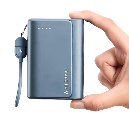 Ambrane 20000mAh 35W Fast Charging Small Pocket Size Powerbank, Hanging InBuilt Type C Cable, Type C PD & USB Output for iPhone, Android Mobiles & Other Devices (PowerMini 20, Blue)