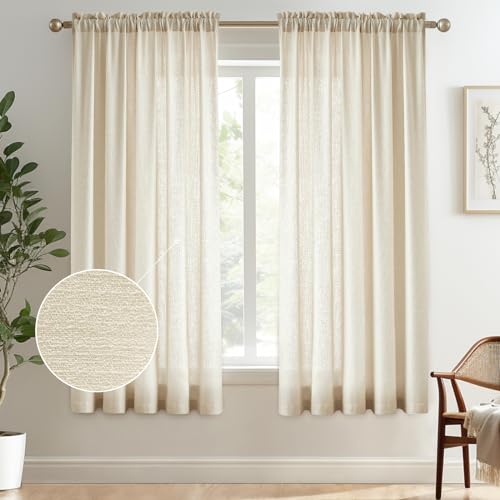 Image of Melodieux Beige Semi Sheer Curtains 63 Inch Length for Bedroom Living Room, Farmhouse Linen Texture Light Filtering Home Office Shiny Sheer Drapes Rod Pocket, 52 inch W x 63 inch L, 2 Panels