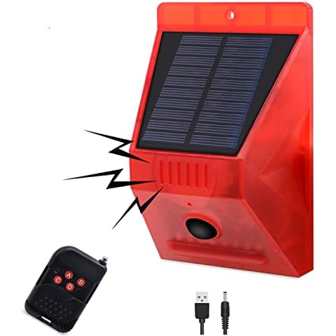 HULPPRE Solar Outdoor Motion Sensor Alarm-129db Loud Siren Lamp Noise Maker, 4 Working Modes Strobe Light with Remote,Say Goodbye to The Unwanted Explorers Cover