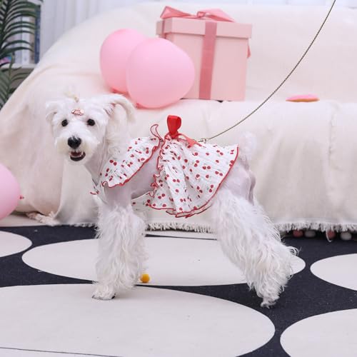Image of CuteBone Cotton Dog Dress Cherry with Leash Ring & Sleeve Ruffles, Soft & Breathable, Stylish Pet Clothes Outfit for Small Dogs, Comfortable & Easy to Wear CFX01XS