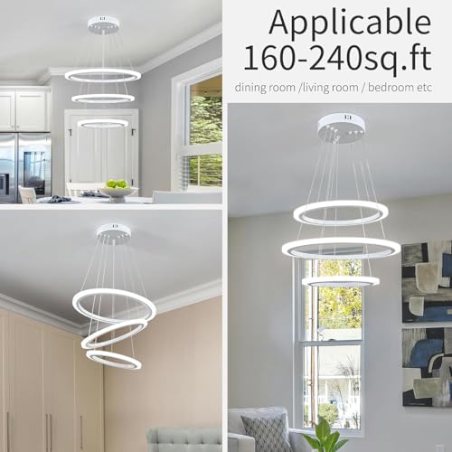 Image of Manraj Modern LED Chandelier, Acrylic 3-Ring Design, Ring Flush Mount Chandelier with Adjustable Hanging Cord Pendant Light Fixture, for Dining Living Room Bedroom (White)