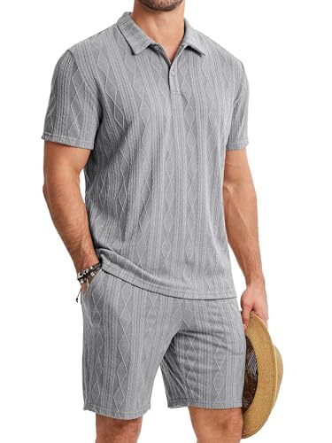 Image of JMIERR Mens Casual 2 Piece Jacquard Knit Short Set Golf Short Sleeve Outfits Lounge Beach Tracksuit Elastic Set