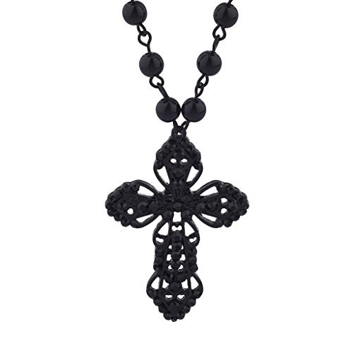 Lux Accessories Classic 80S Gothic Black Rosary Cross Beaded Pendant Necklace #TOP14