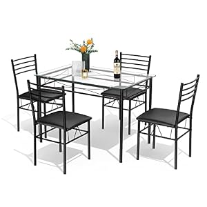 Tangkula Dining Table Set, 5 Pieces Dining Set with Tempered Glass Top Table and 4 Chairs, Kitchen Dining Room Furniture, Black