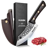 Huusk Japanese Mini Cleaver Knife, Small Meat Knives with Sheath, Unique Caveman Knives, Hand Forged Full Tang Chef Viking Knife for Fishing, Outdoor Camping, BBQ, Gift for Men and Women