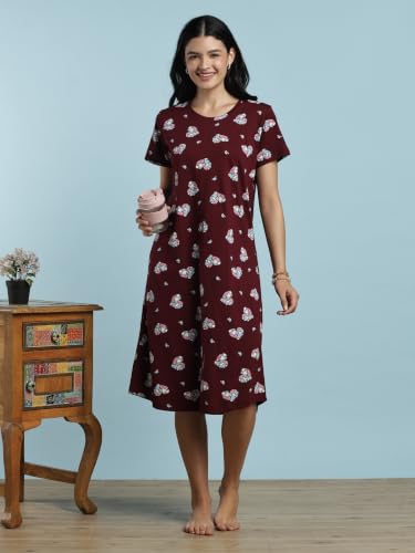 Image of 9shines Label Hosiery Cotton Knee Length Short Night Dress | Short Nighty for Women with Pocket | Graphic Print Nightwear | Night Gown for Women (M-7XL)