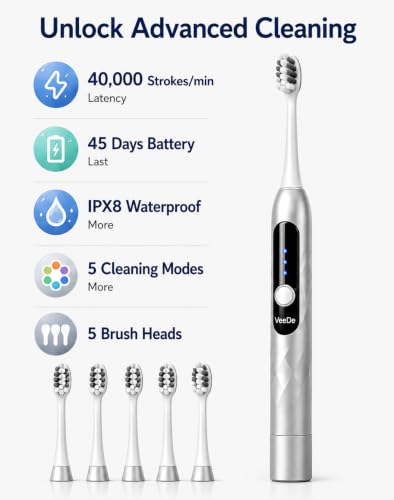 Image of Sonic Electric Datun (Electric Toothbrush) for Adults | 40000 Strokes /min, 5 Modes, Soft Bristles, 5 Heads, 45-Day Battery, IPX8 (Silver)