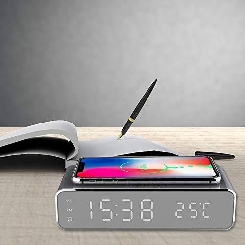 Loijon Carregador sem fio Relógio de mesa LED Relógio digital Medidor de temperatura ℃ / ℉ Dispositi