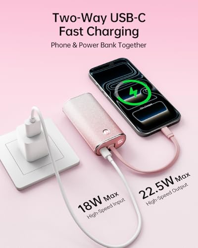 Image of iWALK Sparkly 10000mAh Portable Charger, 22.5W Fast Charging Small Power Bank with Built-in USB-C Cable, Diamond Glitter Ultra-Compact Battery for iPhone 17 /17 Pro /16 /16 Pro /15, Samsung,ShinyPink