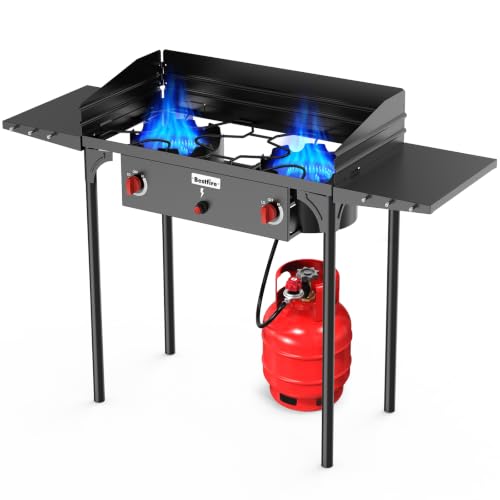 Image of Bestfire 150,000 BTU 2 Burner Propane Camping Stove with Auto Ignition, Windpanel, Portable Outdoor Gas Cooker with Removable Legs, Side Shelves for Camping, BBQ