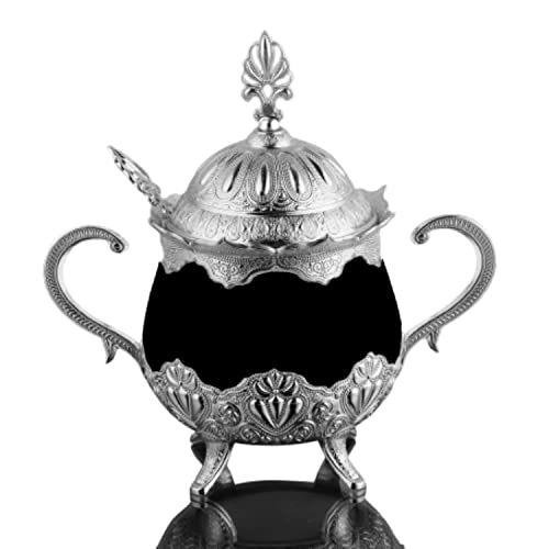 LaModaHome Silver Sugar Bowl with Lid and Spoon for Home, Kitchen and Wedding Party, Delight and Chocolate Serving, Stylish Design for Cube and Powder Sugar - Black