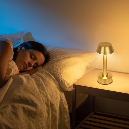 Image of Litehom Portable LED Table Lamp, 3-Levels Brightness Metal Desk Lamp,3 Color Touch Control Rechargeable Lamp, Ideal Bedside Lamp for Nightstand,Bedroom, Living Room (Light Golden)
