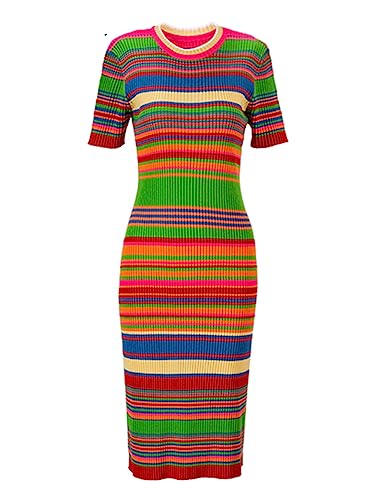 Women Colorful Striped Tight Knitting Dress Summer Short Sleeve Slim Thin Sheath Midi Bodycon Dress2
