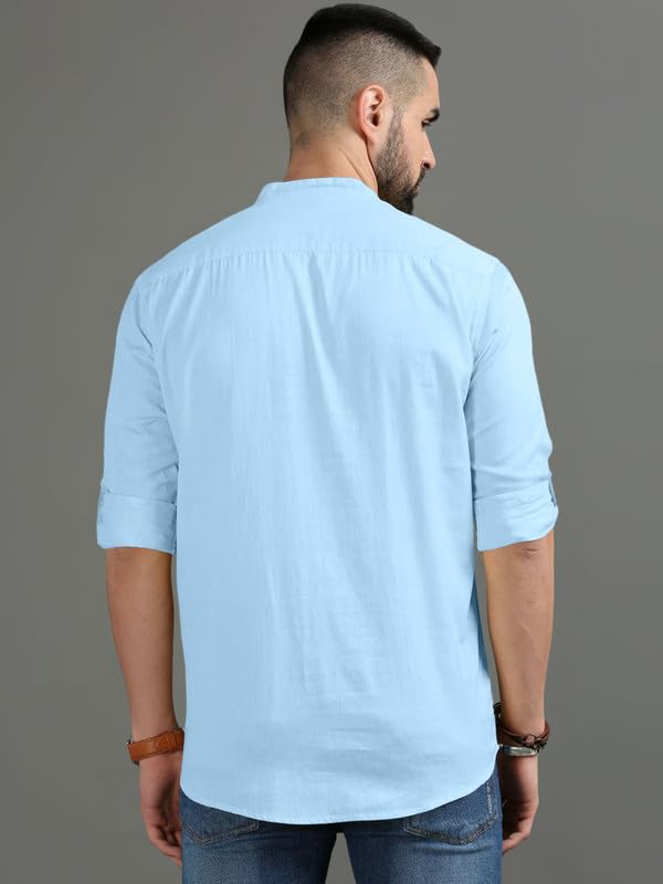 Image of ROYALSCOUT Men's Short Cotton Blend Full Sleeve Mandarin Collar Solid Casual Ethnic Wear Regular Fit Pullover Style Kurta (FC BTN)