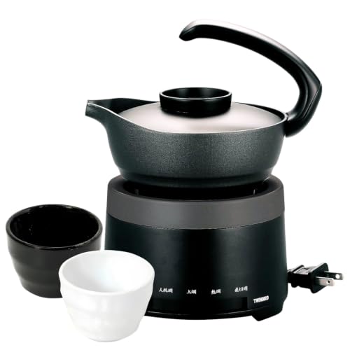 TWINBIRD Sake Warmer, Black TW-D418B & White/Black Ochoko Set | Japanese Sake, Hot Sake, Compatible up to About 300 ml, Heat Retention, Electric, Temperature Control, Tabletop