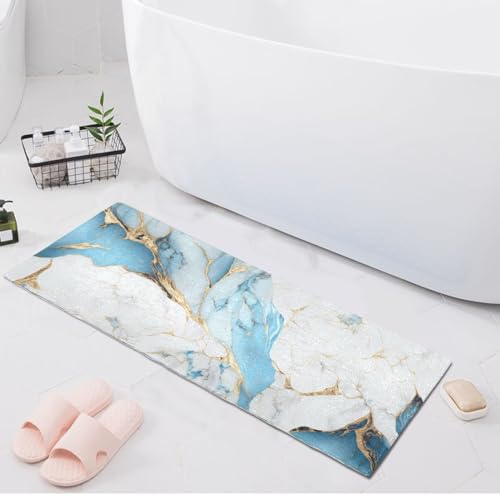 Tapis de bain antidérapant bleu et or 51x99 cm en microfibre - 3