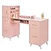 Henf Manicure Table Nail Makeup Desk Station, Modern Beauty Salon Workstation Nail Station Desk Nail Art Equipment with Drawers & Storage Cabinets & Side Shelves (Pink)
