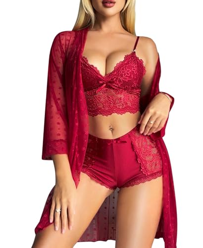 RSLOVE Lencería sexy para mujer en conjuntos - Juego de sujetador y bragas de encaje con bata de malla, 3 piezas de ropa de noche estilo babydoll, rojo vino, M