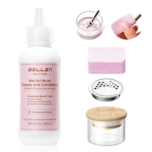 Gellen Nail Art Brush Cleaner Set 130ml Rose Oily Acrylic Brush Cleaner Liquid with Filter Mesh Wash Cup & 100Pcs Lint-Free Cotton Pads Acetone-Free Brushes Restorer & Conditioner for Gel Polish