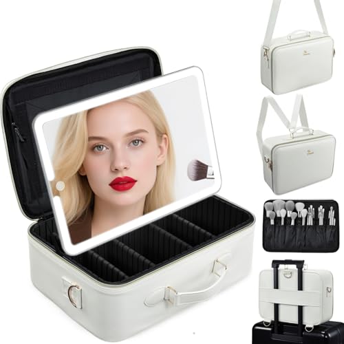 Faquenc Large Makeup Bag with LED Mirror,Travel Cosmetic Train Case for Makeup Artists,Makeup Organizer Case with Divider Rechargeable Vanity Mirror with 3 Color Lights for Barber,MUA,Nail Tech, Beige